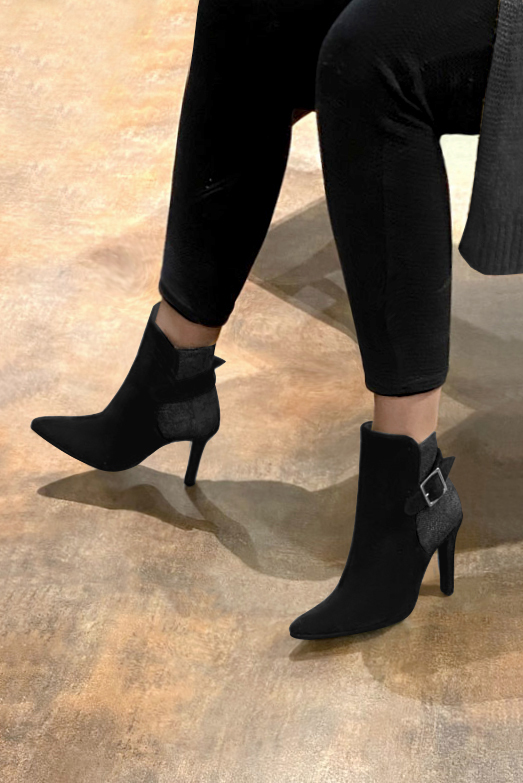 Matt black women's ankle boots with buckles at the back. Tapered toe. Very high slim heel. Top view - Florence KOOIJMAN